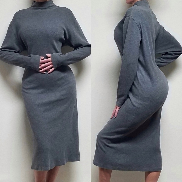 RARE Vintage 90s J. Crew Grey Cotton Mock Neck Long Sleeve Midi Sweater Dress L - Picture 1 of 13